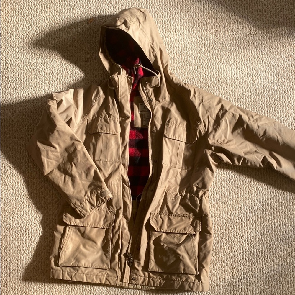 Tan Hooded Jacket with Red Plaid Lining
